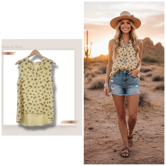 Tresics Tops - 🌿Femme by Tresics Women's XL Sleeveless Sunshine Yellow Floral Blouse-Cute!